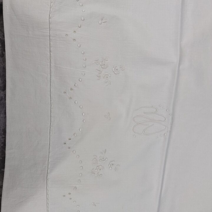1950s Vintage White Cotton Bed Linen Set - Embroidered Sheet and Bolster Case with Monogram