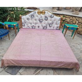 Antieke zijden damast sprei roze jacquard eind 19e eeuw passementerie franje met zijden kwastjes 210x230 cm