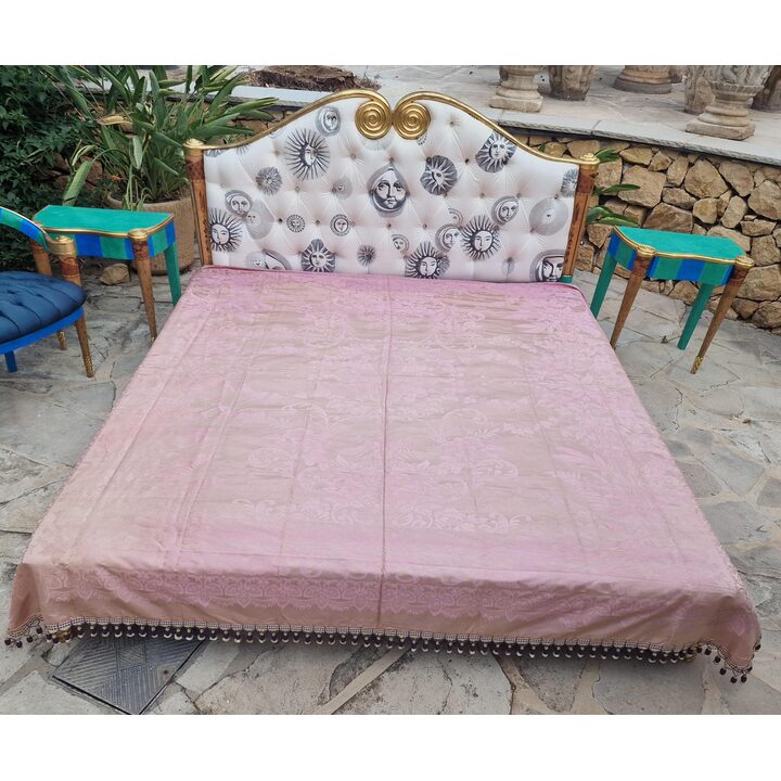 Antieke zijden damast sprei roze jacquard eind 19e eeuw passementerie franje met zijden kwastjes 210x230 cm