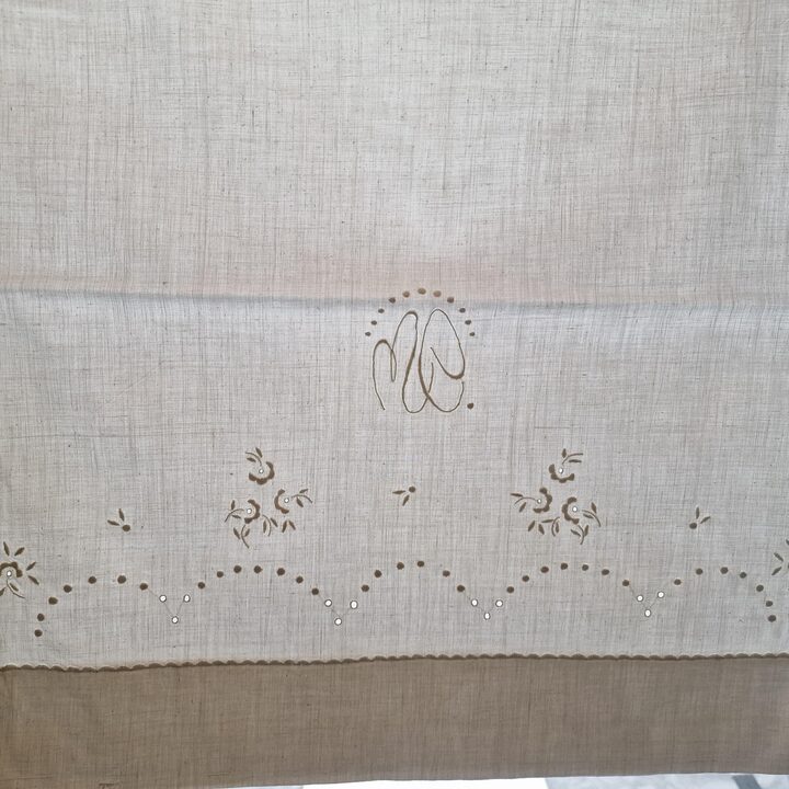 1950s Vintage White Cotton Bed Linen Set - Embroidered Sheet and Bolster Case with Monogram