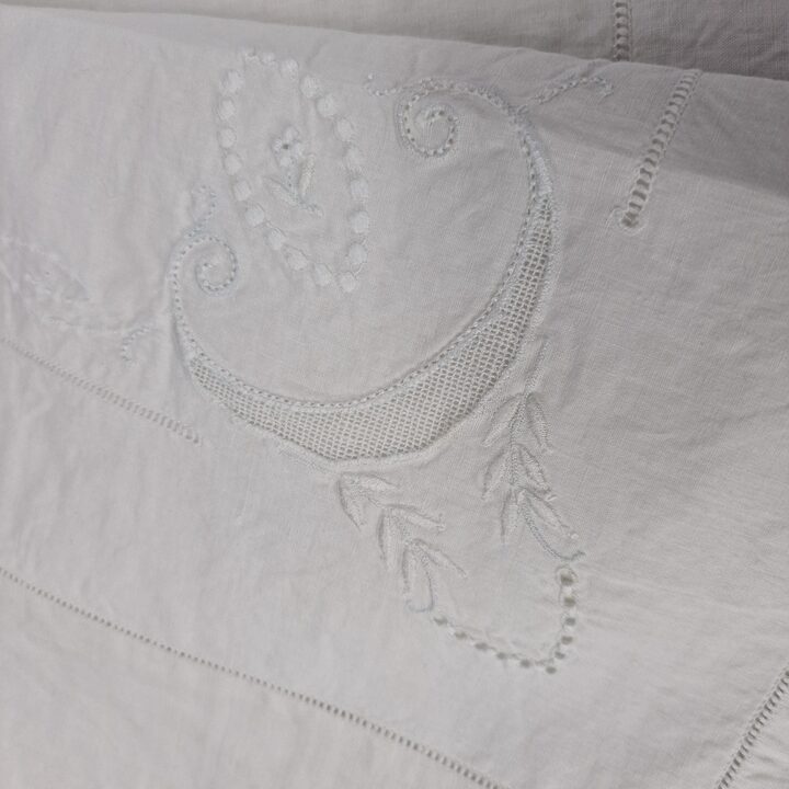 1950s Hand-Embroidered Linen Bed Set with PR Monogram - 2 Pieces