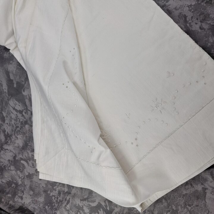 1950s Vintage White Cotton Bed Linen Set - Embroidered Sheet and Bolster Case with Monogram
