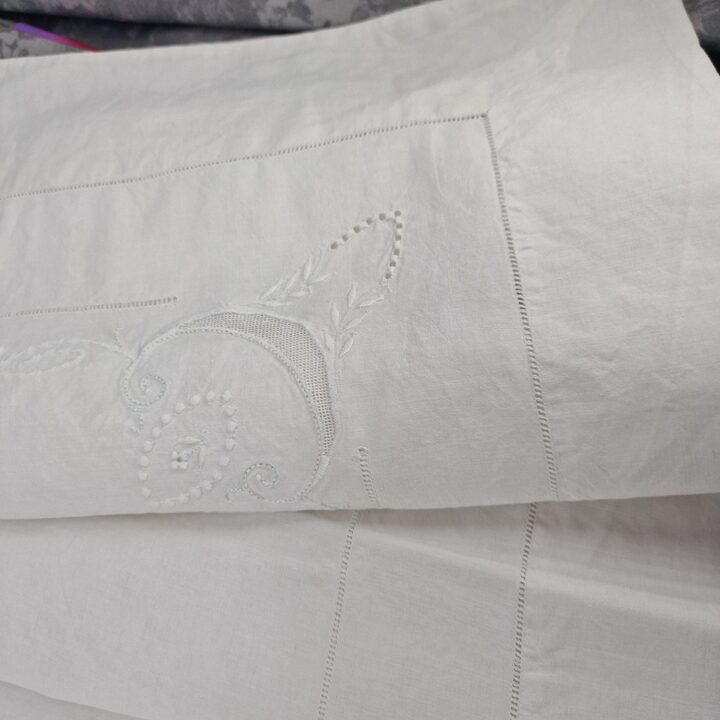1950s Hand-Embroidered Linen Bed Set with PR Monogram - 2 Pieces