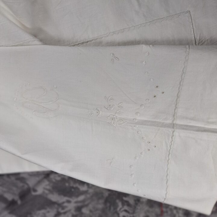 1950s Vintage White Cotton Bed Linen Set - Embroidered Sheet and Bolster Case with Monogram