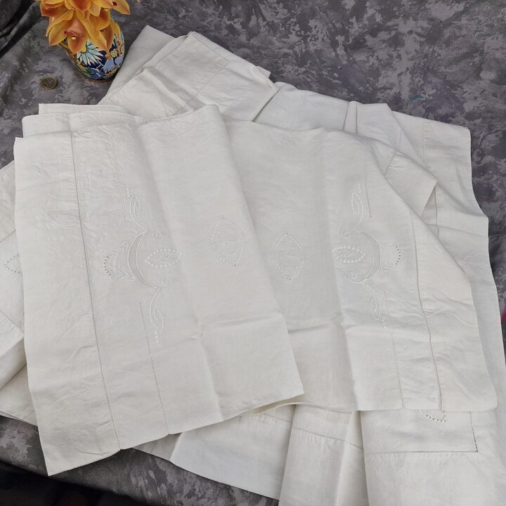 1950s Hand-Embroidered Linen Bed Set with PR Monogram - 2 Pieces