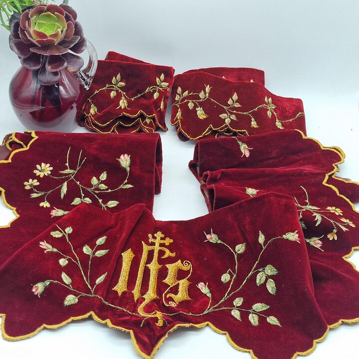Antique Liturgical Velvet Lambrequin Set, IHS Church Altar Border, Hand Painted Silk Velvet Clergy Vestment Trims, 4 Pieces