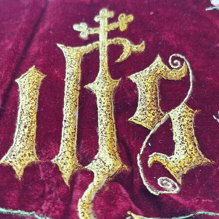 Antique Liturgical Velvet Lambrequin Set, IHS Church Altar Border, Hand Painted Silk Velvet Clergy Vestment Trims, 4 Pieces