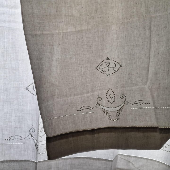 1950s Hand-Embroidered Linen Bed Set with PR Monogram - 2 Pieces
