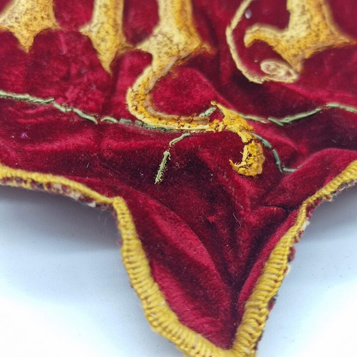 Antique Liturgical Velvet Lambrequin Set, IHS Church Altar Border, Hand Painted Silk Velvet Clergy Vestment Trims, 4 Pieces