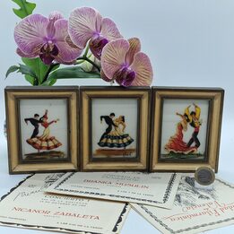 Juego de 3 Pinturas Vintage  Vidrio de Flamenco Español Firmadas Abad Arte Miniatura Hecho a Mano Decoración de Pared de Mediad…