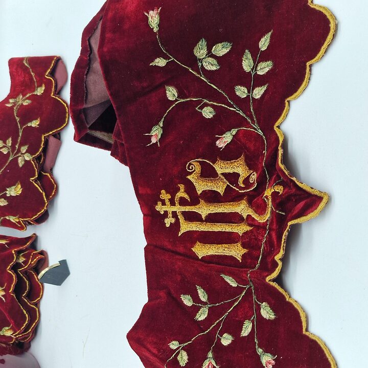 Antique Liturgical Velvet Lambrequin Set, IHS Church Altar Border, Hand Painted Silk Velvet Clergy Vestment Trims, 4 Pieces