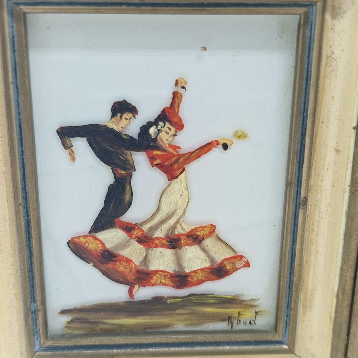 Set of 3 Vintage Spanish Flamenco Reverse Glass Paintings Signed Abad Hand Painted Miniature Art Mid Century Home Office Wall D…