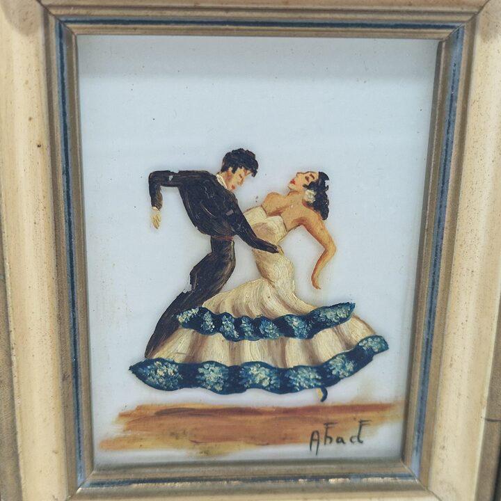 Conjunto de 3 Pinturas Vintage em Vidro Invertido de Flamenco Espanhol Assinado Abad Arte Miniatura Pintada a Mao Decoracao de…