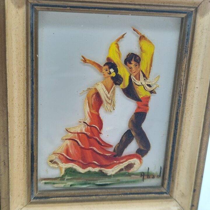 Set of 3 Vintage Spanish Flamenco Reverse Glass Paintings Signed Abad Hand Painted Miniature Art Mid Century Home Office Wall D…