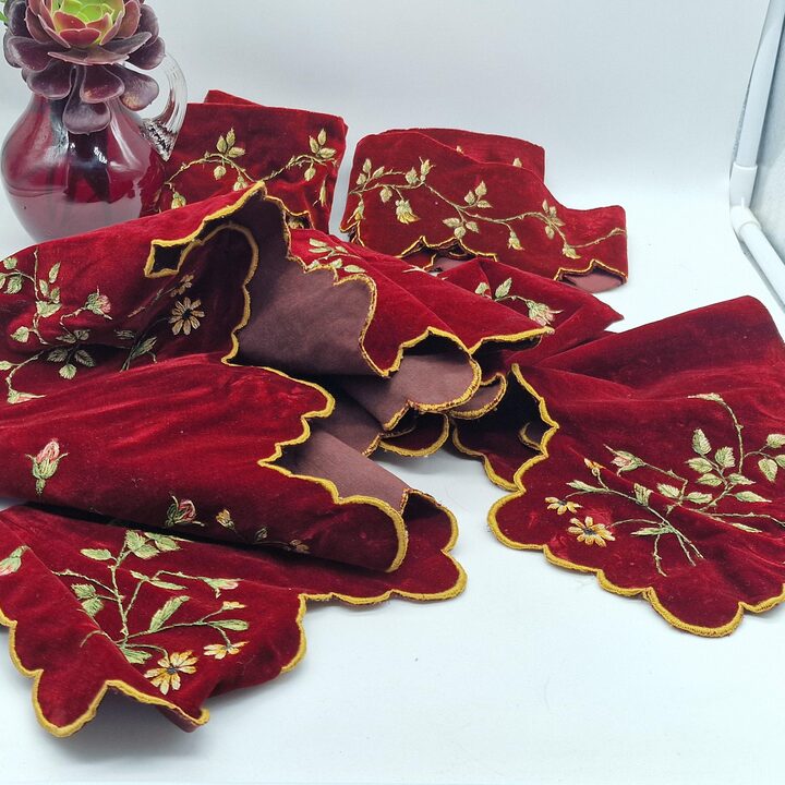Antique Liturgical Velvet Lambrequin Set, IHS Church Altar Border, Hand Painted Silk Velvet Clergy Vestment Trims, 4 Pieces
