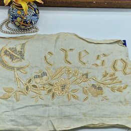 Antique Hand-Embroidered Linen Fragment - Richelieu Cutwork Monogram "Teresa" - Exquisite Handwork - Shabby Chic Decor