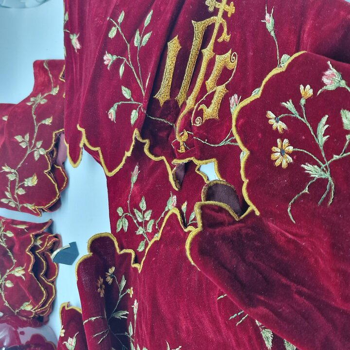 Antique Liturgical Velvet Lambrequin Set, IHS Church Altar Border, Hand Painted Silk Velvet Clergy Vestment Trims, 4 Pieces