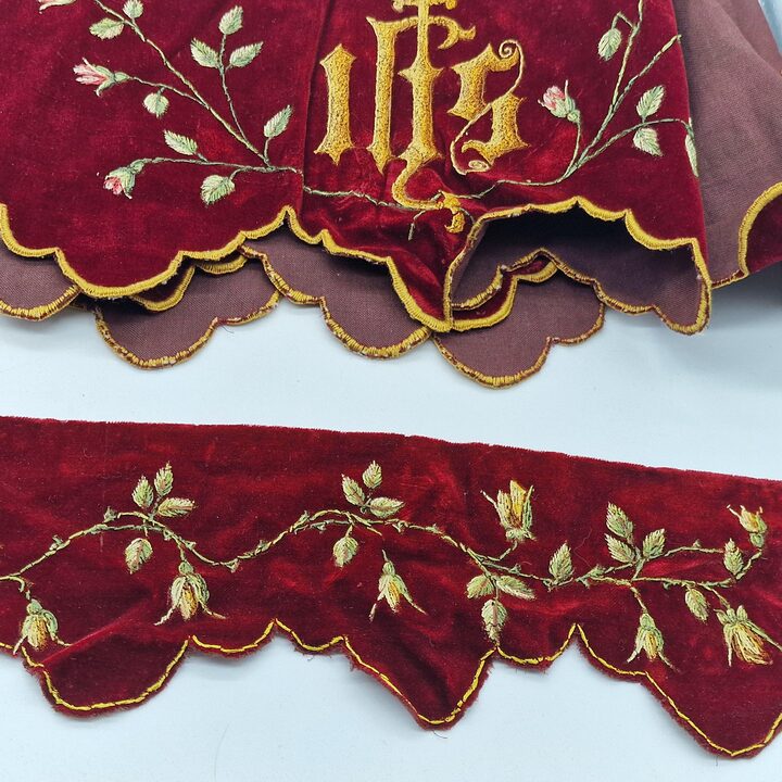 Antique Liturgical Velvet Lambrequin Set, IHS Church Altar Border, Hand Painted Silk Velvet Clergy Vestment Trims, 4 Pieces