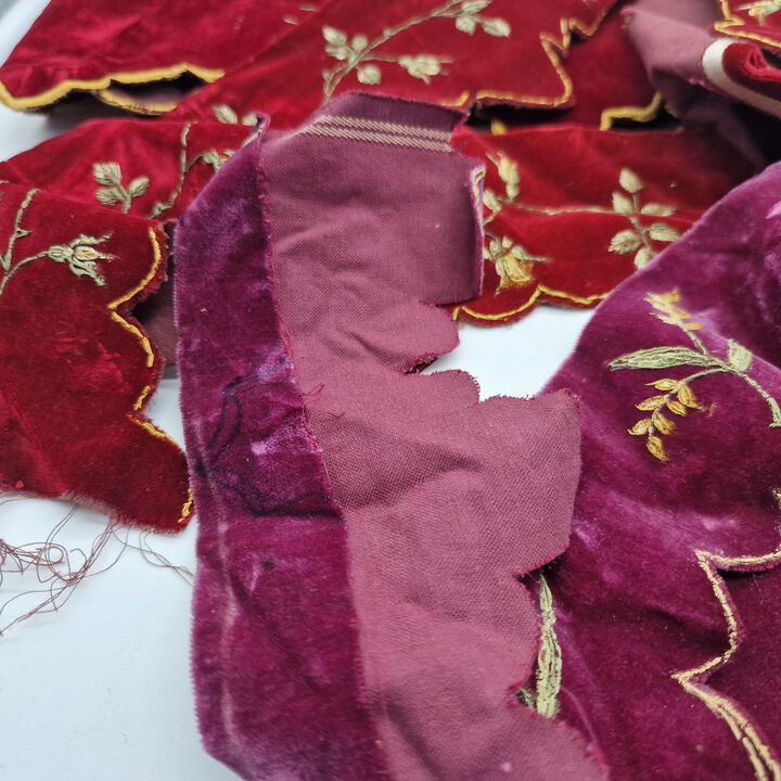 Antique Liturgical Velvet Lambrequin Set, IHS Church Altar Border, Hand Painted Silk Velvet Clergy Vestment Trims, 4 Pieces