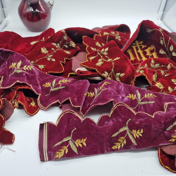 Antique Liturgical Velvet Lambrequin Set, IHS Church Altar Border, Hand Painted Silk Velvet Clergy Vestment Trims, 4 Pieces