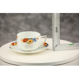 Sammeltasse mit Untertasse aus Porzellan, Bohemia Tschechoslowakei, Teetasse mit Goldrand und Blumen, Mid-Century Geschirr 200…