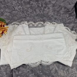 Vintage Hand-Embroidered Cotton Bed Linen Set with Lace - Mid-20th Century