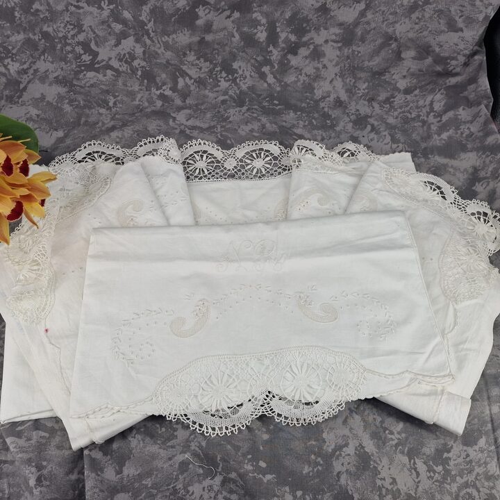 Vintage Hand-Embroidered Cotton Bed Linen Set with Lace - Mid-20th Century