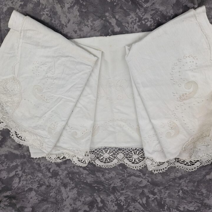 Vintage Hand-Embroidered Cotton Bed Linen Set with Lace - Mid-20th Century
