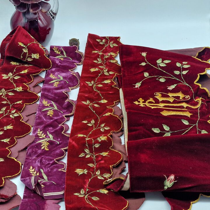 Antique Liturgical Velvet Lambrequin Set, IHS Church Altar Border, Hand Painted Silk Velvet Clergy Vestment Trims, 4 Pieces