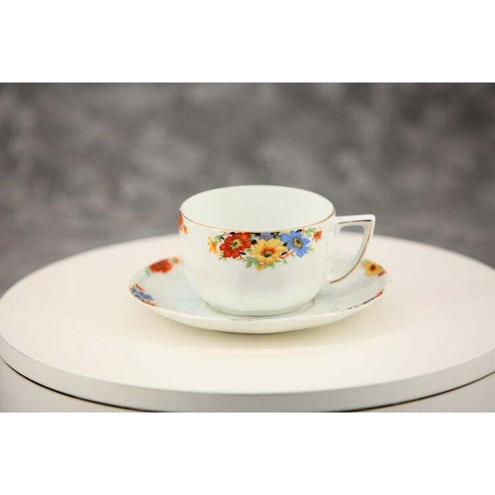 Tazza da Tè con Piattino in Porcellana, Bohemia Cecoslovacchia, Tazzina Vintage con Fiori e Oro, Servizio Mid-Century da 200 ml