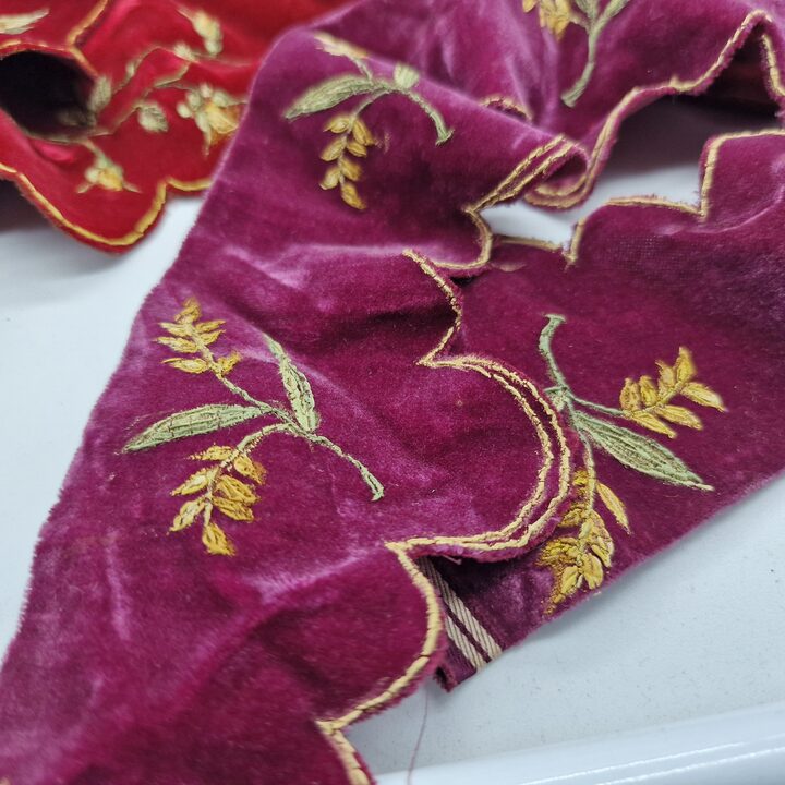 Antique Liturgical Velvet Lambrequin Set, IHS Church Altar Border, Hand Painted Silk Velvet Clergy Vestment Trims, 4 Pieces