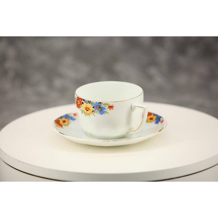 Juego de Taza de Té y Plato de Porcelana, Bohemia Checoslovaquia, Vajilla Vintage de Flores y Oro, Cerámica Mid-Century 200 ml