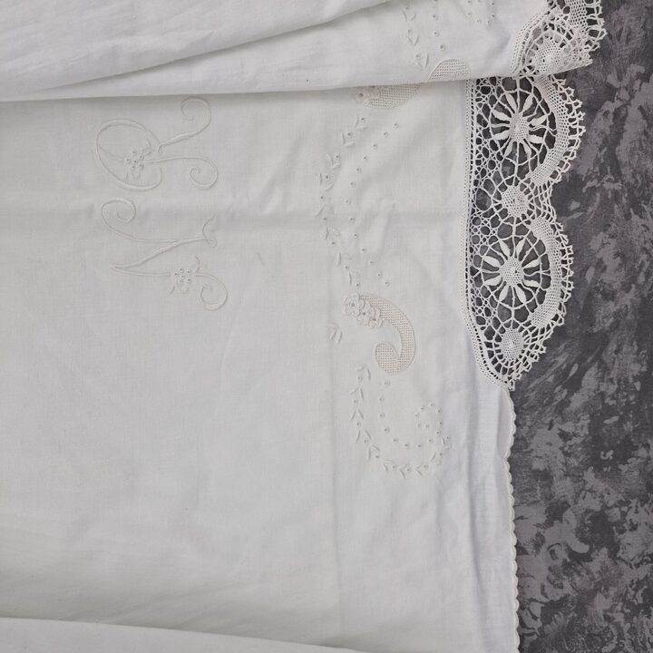 Vintage Hand-Embroidered Cotton Bed Linen Set with Lace - Mid-20th Century