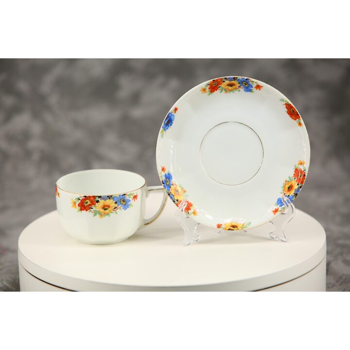 Juego de Taza de Té y Plato de Porcelana, Bohemia Checoslovaquia, Vajilla Vintage de Flores y Oro, Cerámica Mid-Century 200 ml
