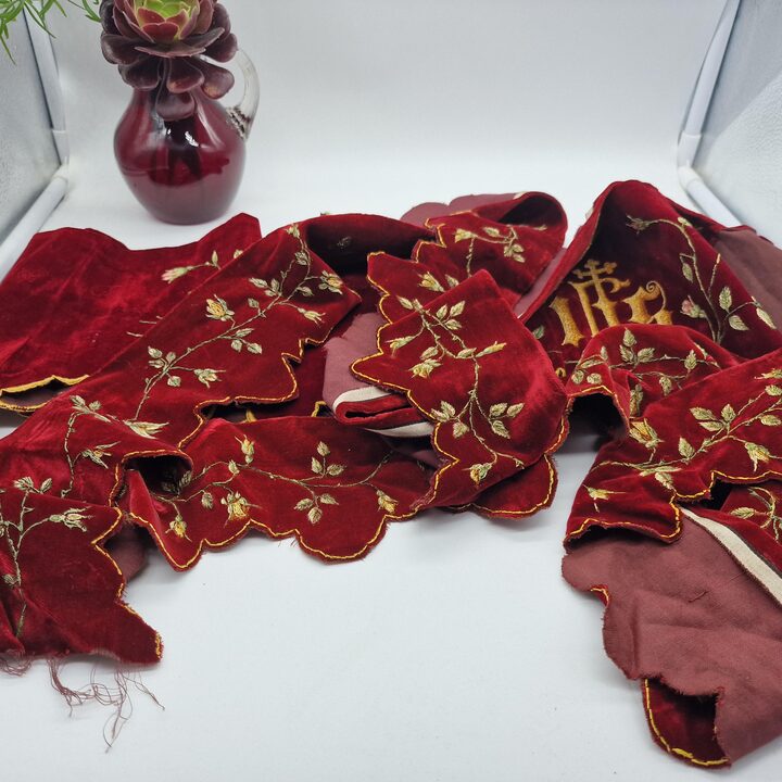 Antique Liturgical Velvet Lambrequin Set, IHS Church Altar Border, Hand Painted Silk Velvet Clergy Vestment Trims, 4 Pieces