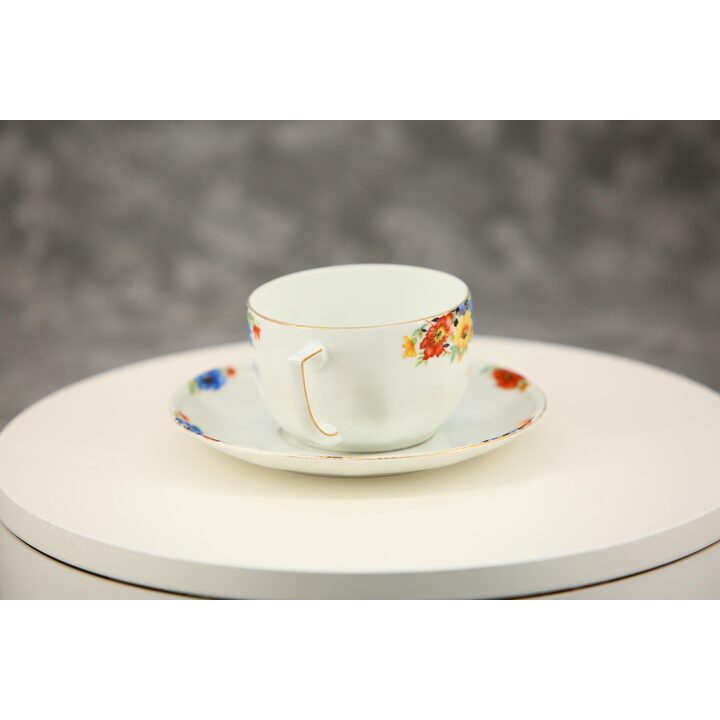 Tazza da Tè con Piattino in Porcellana, Bohemia Cecoslovacchia, Tazzina Vintage con Fiori e Oro, Servizio Mid-Century da 200 ml