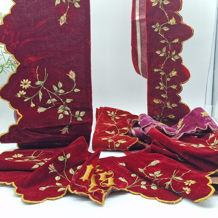 Antique Liturgical Velvet Lambrequin Set, IHS Church Altar Border, Hand Painted Silk Velvet Clergy Vestment Trims, 4 Pieces