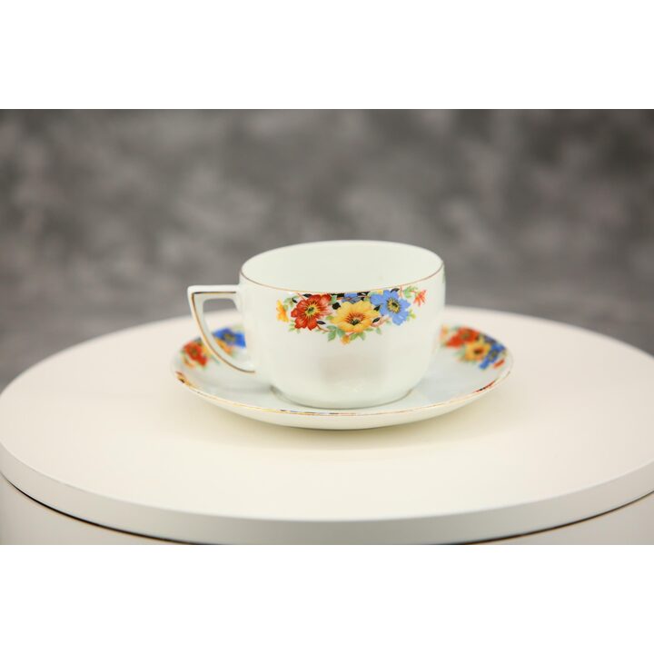 Tazza da Tè con Piattino in Porcellana, Bohemia Cecoslovacchia, Tazzina Vintage con Fiori e Oro, Servizio Mid-Century da 200 ml
