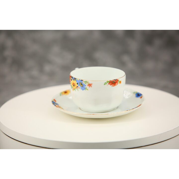 Tazza da Tè con Piattino in Porcellana, Bohemia Cecoslovacchia, Tazzina Vintage con Fiori e Oro, Servizio Mid-Century da 200 ml