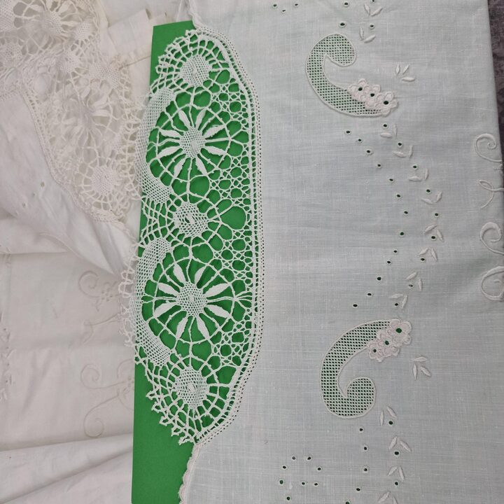 Vintage Hand-Embroidered Cotton Bed Linen Set with Lace - Mid-20th Century