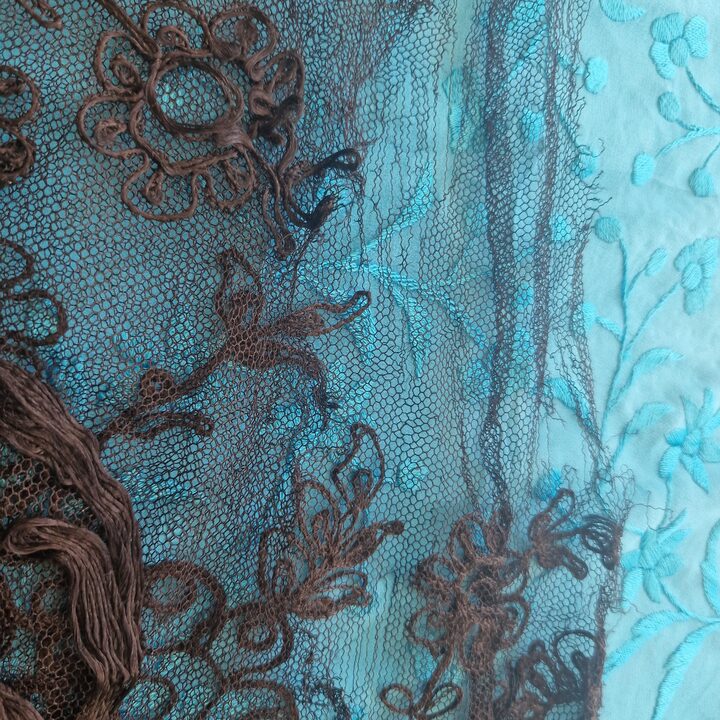 Panneau de Jupe en Dentelle de Soie Ancienne Tissu Chantilly Art Nouveau Demonte Broderie de Soie Noire sur Tulle 160x250x85 cm…