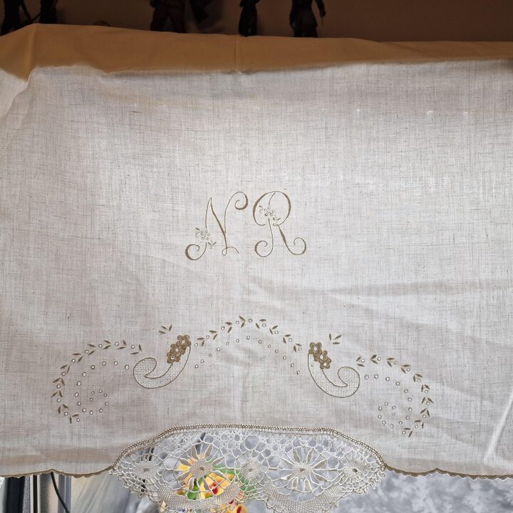 Vintage Hand-Embroidered Cotton Bed Linen Set with Lace - Mid-20th Century
