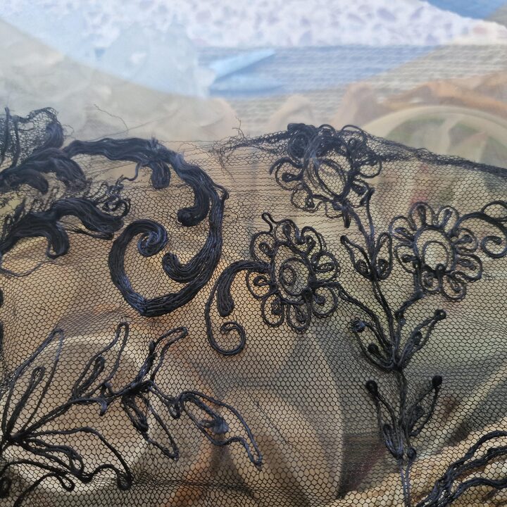Panneau de Jupe en Dentelle de Soie Ancienne Tissu Chantilly Art Nouveau Demonte Broderie de Soie Noire sur Tulle 160x250x85 cm…