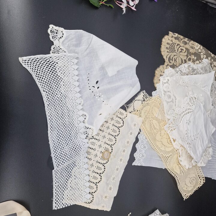 Antique Lace Scraps Bundle 1900-1950, 20 French and Spanish Textile Fragments, Silk Tulle, Linen, Cotton Embroidery for Restora…