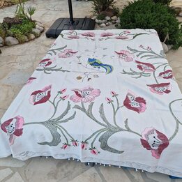Antique Hand Embroidered Linen Bedspread, Art Nouveau Homespun Bed Cover with Bird and Poppies, Large Tapestry Coverlet 240x260…