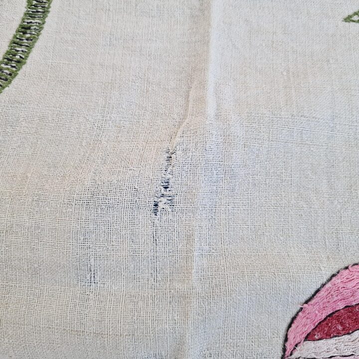 Antique Hand Embroidered Linen Bedspread, Art Nouveau Homespun Bed Cover with Bird and Poppies, Large Tapestry Coverlet 240x260…