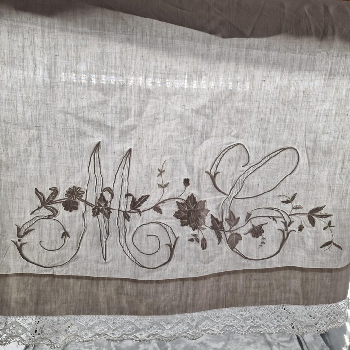 Antique Heavy Linen Bed Set with Hand Embroidery & Bobbin Lace - Sheet 230x250 cm and Pillowcase 160x42 cm