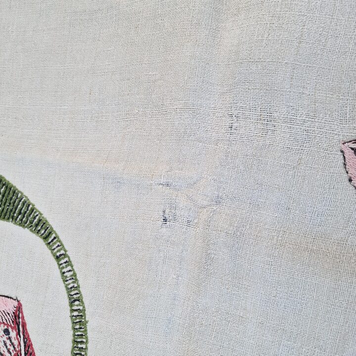 Antieke Handgewerkte Linnen Sprei, Art Nouveau Linnen Bedsprei met Vogel en Papavers, Groot Tapijt 240x260 cm