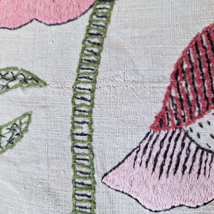 Antyczna Recznie Haftowana Narzuta Lniana, Secesyjna Kapa z Lnu Samodzialowego z Ptakiem i Makami 240x260 cm