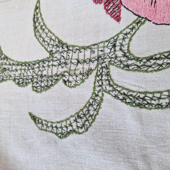 Antyczna Recznie Haftowana Narzuta Lniana, Secesyjna Kapa z Lnu Samodzialowego z Ptakiem i Makami 240x260 cm